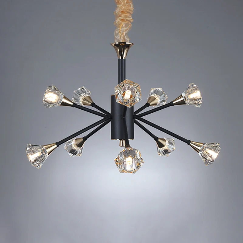 Pyramid Crystal Sputnik Semi Flush Mount Fixture Moderne 10-flammige Wohnzimmer-Deckenleuchte Schwarz Clearhalo