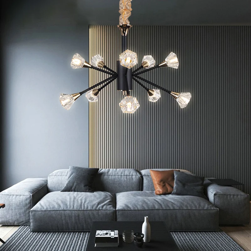 Pyramid Crystal Sputnik Semi Flush Mount Fixture Moderne 10-flammige Wohnzimmer-Deckenleuchte Schwarz Clearhalo