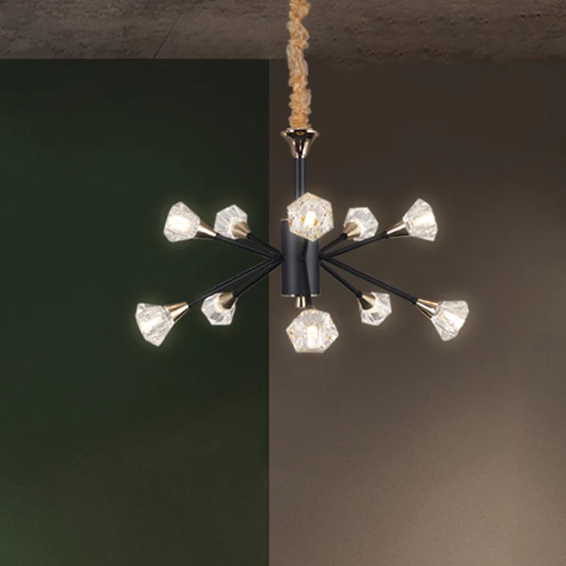 Pyramid Crystal Sputnik Semi Flush Mount Fixture Moderne 10-flammige Wohnzimmer-Deckenleuchte Schwarz Clearhalo