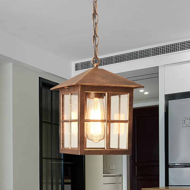Quaderförmige Klarglas-Hängeleuchte für den Bauernhof, 1 Glühbirne, für den Innenhof, Schwarz/Bronze Clearhalo