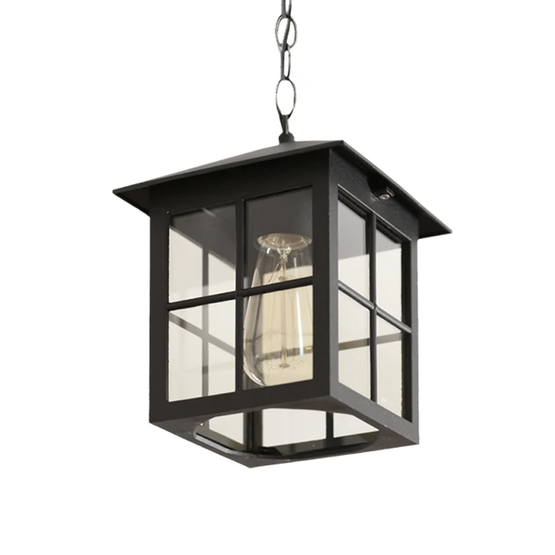 Quaderförmige Klarglas-Hängeleuchte für den Bauernhof, 1 Glühbirne, für den Innenhof, Schwarz/Bronze Clearhalo