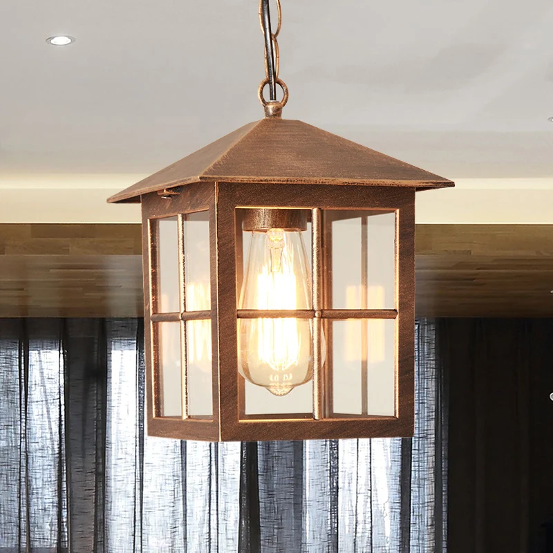 Quaderförmige Klarglas-Hängeleuchte für den Bauernhof, 1 Glühbirne, für den Innenhof, Schwarz/Bronze Clearhalo