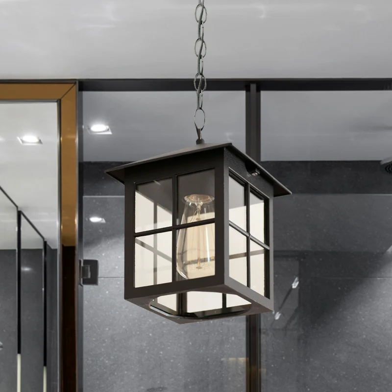 Quaderförmige Klarglas-Hängeleuchte für den Bauernhof, 1 Glühbirne, für den Innenhof, Schwarz/Bronze Clearhalo