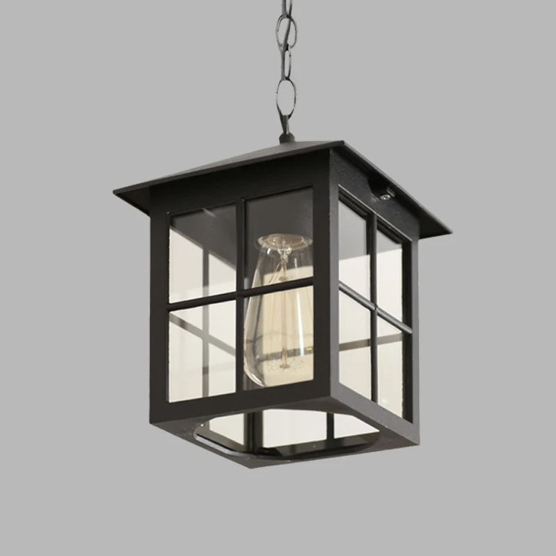 Quaderförmige Klarglas-Hängeleuchte für den Bauernhof, 1 Glühbirne, für den Innenhof, Schwarz/Bronze Clearhalo