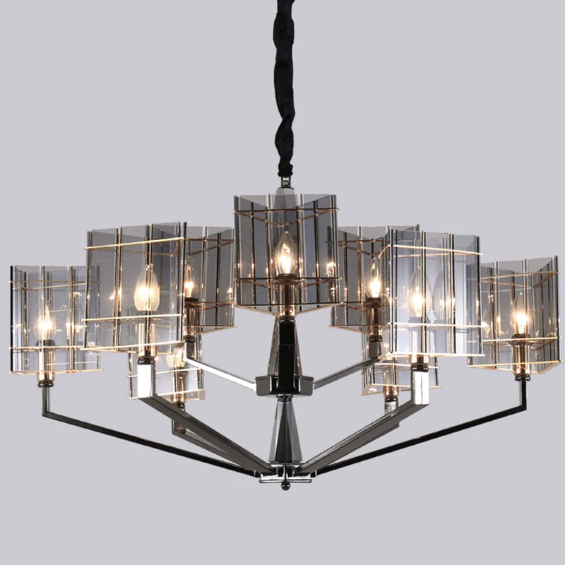 Rauchgrauer Glas-Silber-Kronleuchter, dreieckiges Prisma, 3/6/8 Köpfe, postmoderne Hängeleuchte Clearhalo