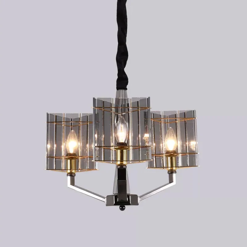 Rauchgrauer Glas-Silber-Kronleuchter, dreieckiges Prisma, 3/6/8 Köpfe, postmoderne Hängeleuchte Clearhalo