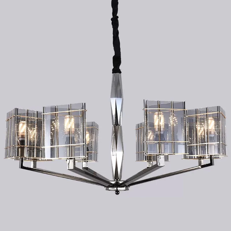 Rauchgrauer Glas-Silber-Kronleuchter, dreieckiges Prisma, 3/6/8 Köpfe, postmoderne Hängeleuchte Clearhalo