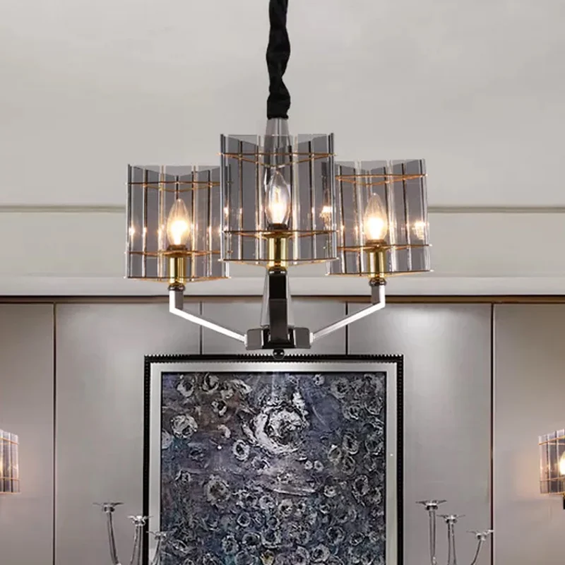Rauchgrauer Glas-Silber-Kronleuchter, dreieckiges Prisma, 3/6/8 Köpfe, postmoderne Hängeleuchte Clearhalo