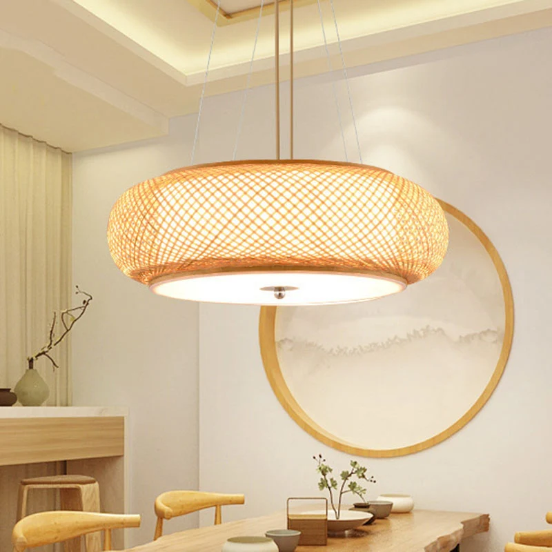 Runde Hängeleuchte Asia Bamboo, 1 Glühbirne, Wohnzimmer-Deckenanhänger aus Holz Clearhalo