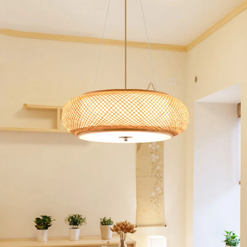 Runde Hängeleuchte Asia Bamboo, 1 Glühbirne, Wohnzimmer-Deckenanhänger aus Holz Clearhalo