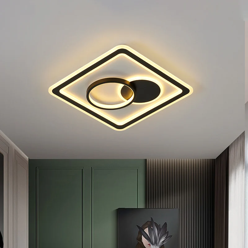Runde/quadratische Hotel-Deckenleuchte aus Aluminium im modernen Stil mit LED-Einbauleuchte Schwarz, Warmweiß/3-Farben-Lic...