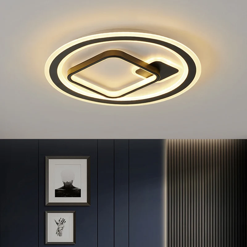 Runde/quadratische Hotel-Deckenleuchte aus Aluminium im modernen Stil mit LED-Einbauleuchte Schwarz, Warmweiß/3-Farben-Lic...