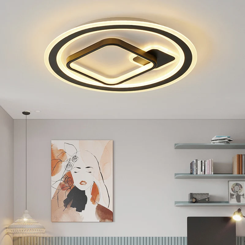 Runde/quadratische Hotel-Deckenleuchte aus Aluminium im modernen Stil mit LED-Einbauleuchte Schwarz, Warmweiß/3-Farben-Lic...