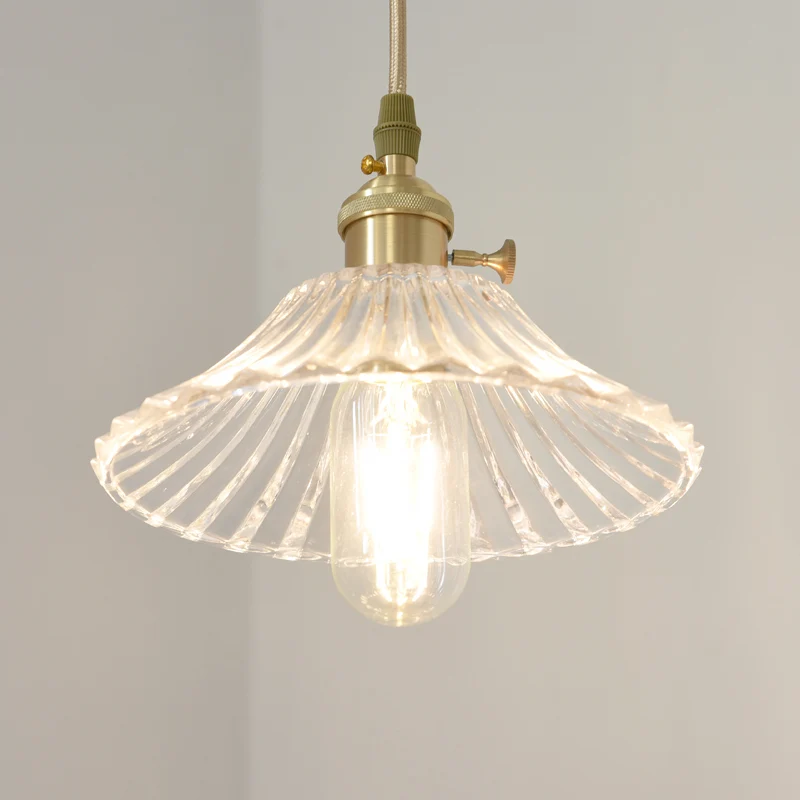 Rustikale breite kegelförmige Hängeleuchte mit einer Glühbirne, klares geriffeltes Glas-Hängelampen-Set Messing Clearhalo