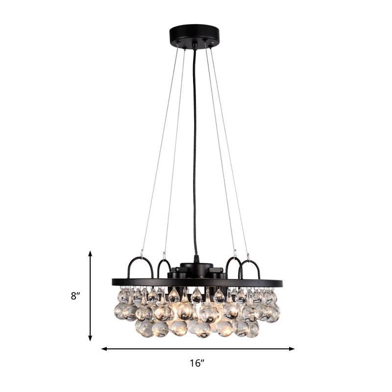 Schwarze runde Hängeleuchte im Vintage-Stil, 4 Lichter, Metall-Kronleuchter mit Wassertropfen-Kristalltropfen Clearhalo