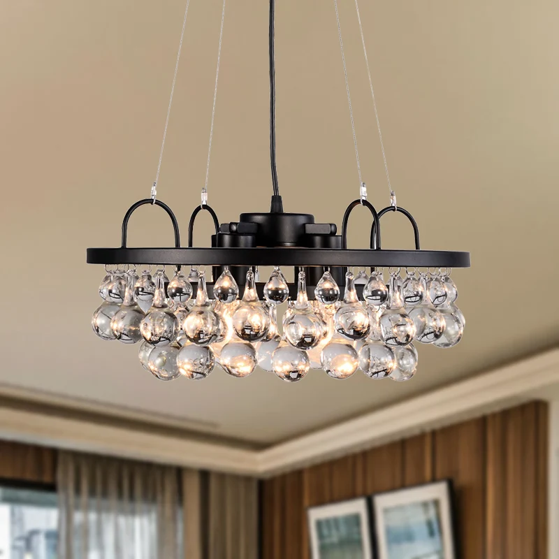 Schwarze runde Hängeleuchte im Vintage-Stil, 4 Lichter, Metall-Kronleuchter mit Wassertropfen-Kristalltropfen Clearhalo