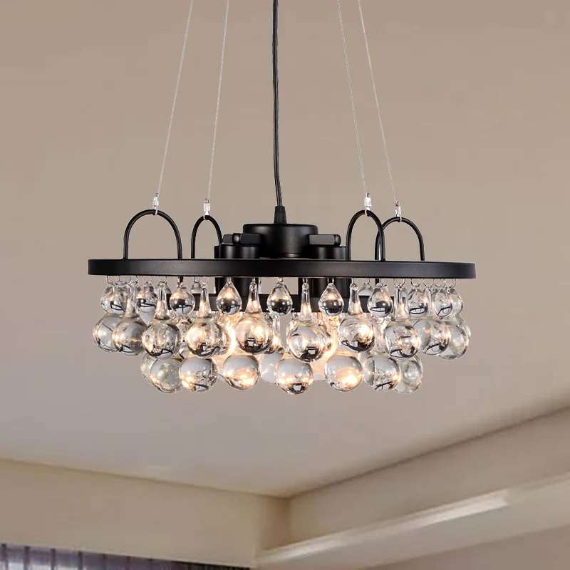 Schwarze runde Hängeleuchte im Vintage-Stil, 4 Lichter, Metall-Kronleuchter mit Wassertropfen-Kristalltropfen Clearhalo