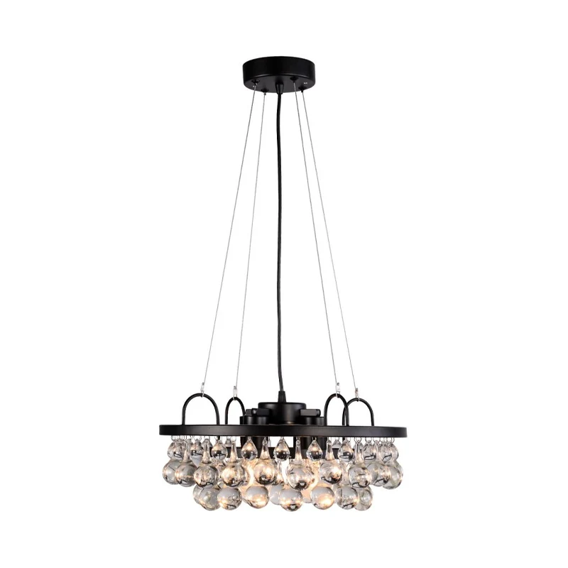 Schwarze runde Hängeleuchte im Vintage-Stil, 4 Lichter, Metall-Kronleuchter mit Wassertropfen-Kristalltropfen Clearhalo