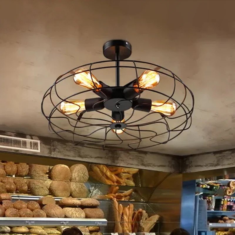 Schwarze runde Käfig-Deckenleuchte, Industrie-Eisen, 5 Lichter, halbbündige Restaurant-Leuchte Clearhalo