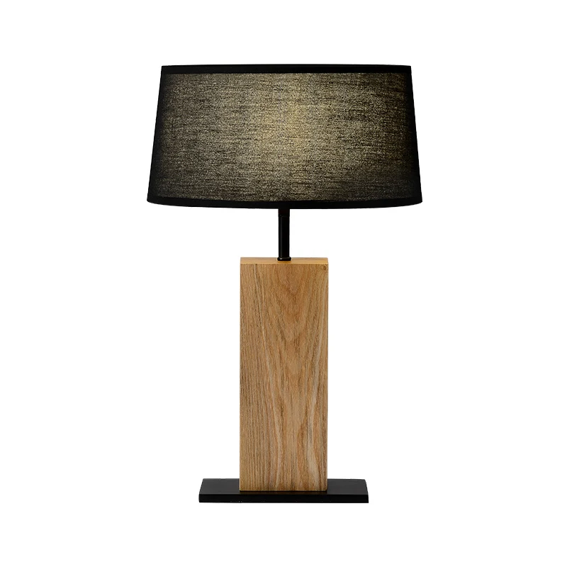 Schwarzes ovales Nachtlicht, einfache Einzelstoff-Tischlampe mit rechteckigem Holzständer für das Wohnzimmer Clearhalo