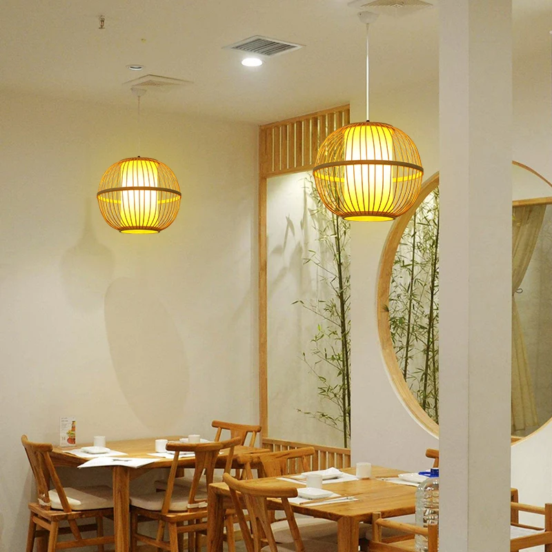 Sphere Tea Room Deckenpendelleuchte aus Holz mit einer Glühbirne, chinesische Hängeleuchte Beige Clearhalo