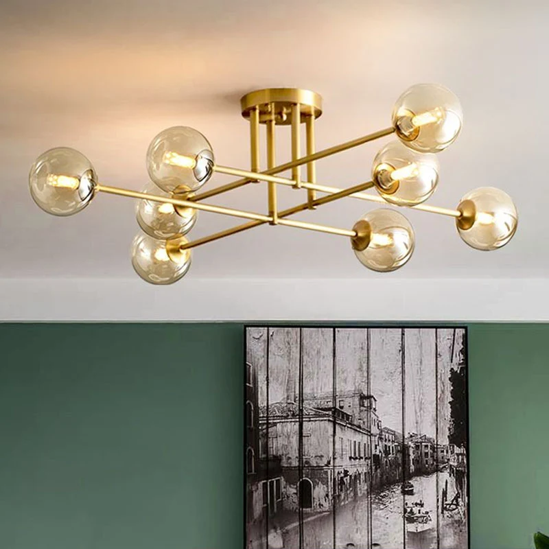 Sphärische Esszimmer-Deckenleuchte, bernsteinfarbenes Glas, postmoderne, halbbündige Beleuchtung Gold Clearhalo