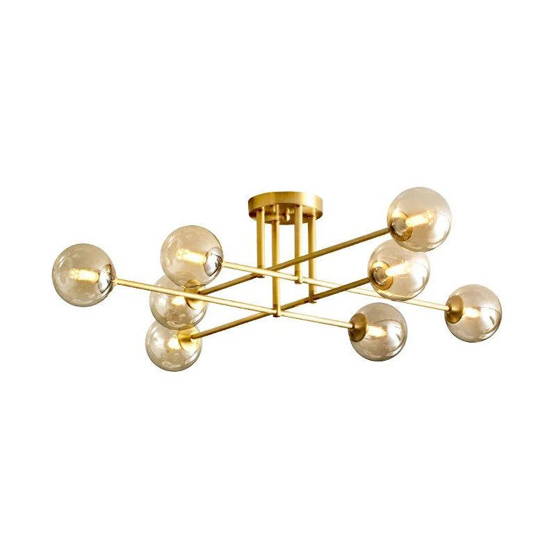 Sphärische Esszimmer-Deckenleuchte, bernsteinfarbenes Glas, postmoderne, halbbündige Beleuchtung Gold Clearhalo