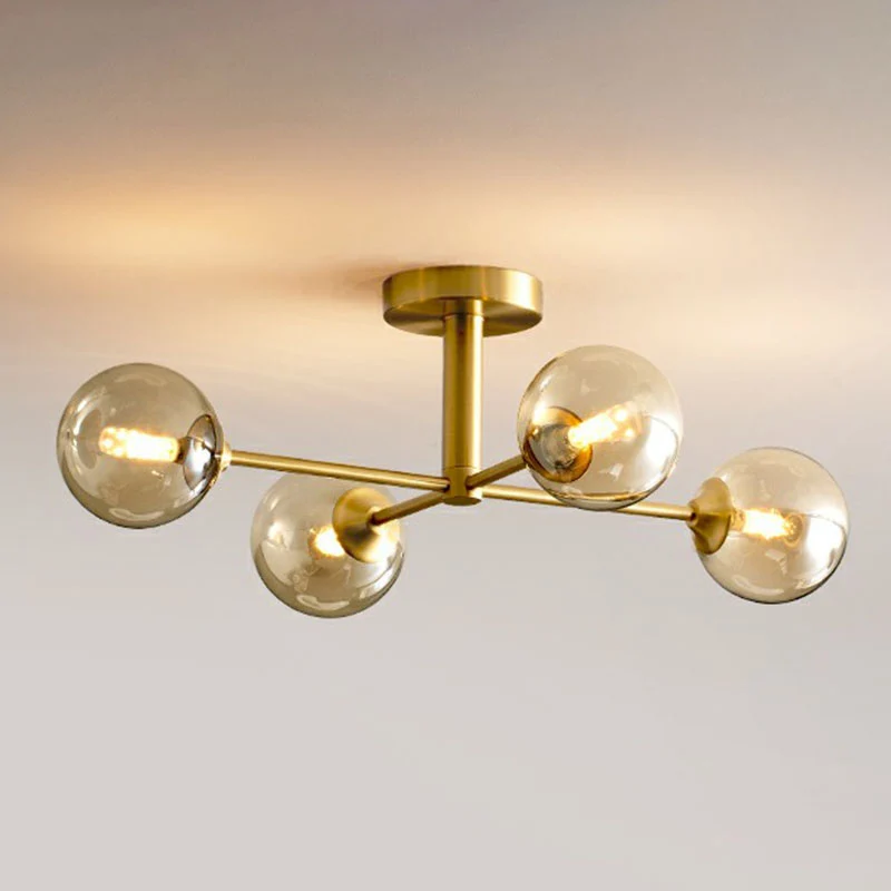 Sphärische Esszimmer-Deckenleuchte, bernsteinfarbenes Glas, postmoderne, halbbündige Beleuchtung Gold Clearhalo