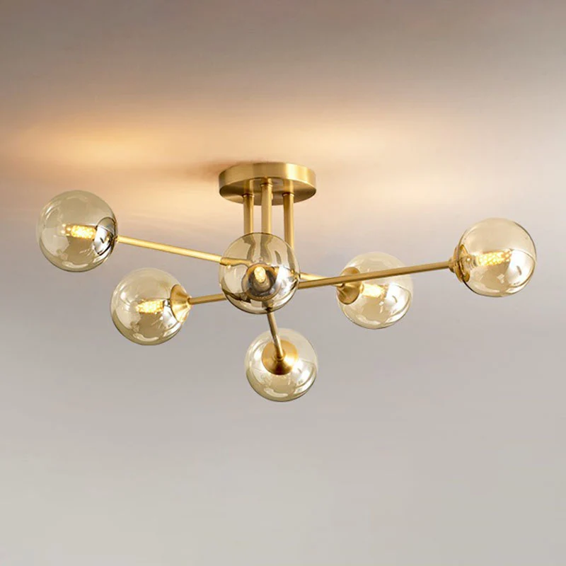 Sphärische Esszimmer-Deckenleuchte, bernsteinfarbenes Glas, postmoderne, halbbündige Beleuchtung Gold Clearhalo