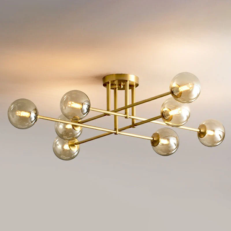 Sphärische Esszimmer-Deckenleuchte, bernsteinfarbenes Glas, postmoderne, halbbündige Beleuchtung Gold Clearhalo