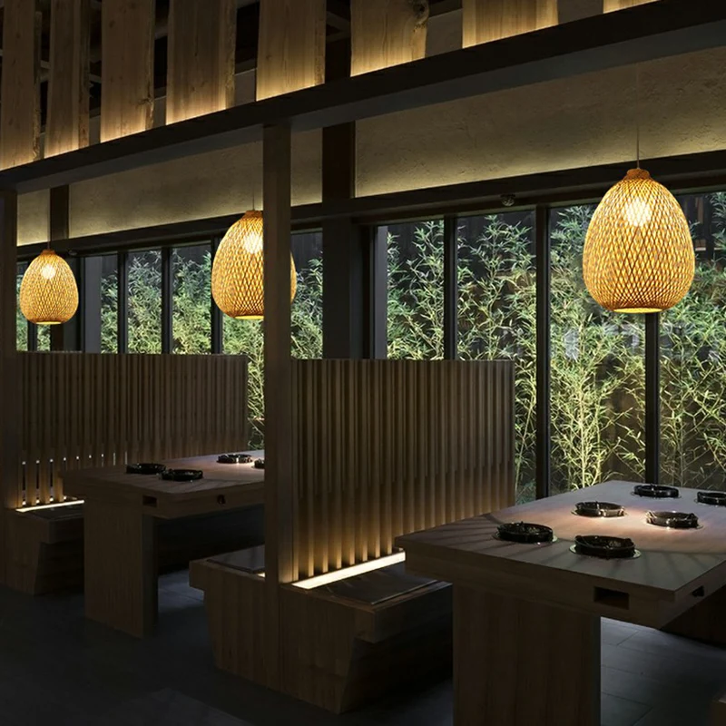 Sphärische Restaurant-Hängeleuchte, einzelne Asia-Pendelleuchte aus Bambus Beige Clearhalo