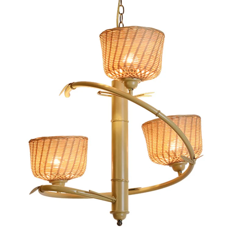 Spiralförmiger hängender Bambus-Kronleuchter, asiatisch, 3 Glühbirnen, beige Decken-Pendelleuchte mit Schüssel-Rattan-Schi...