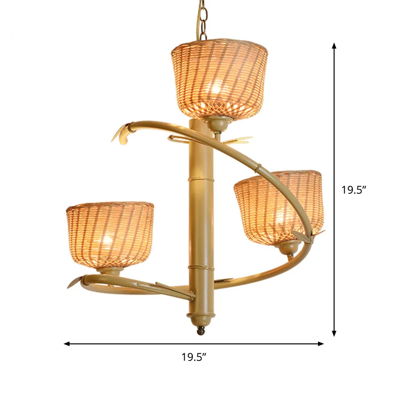 Spiralförmiger hängender Bambus-Kronleuchter, asiatisch, 3 Glühbirnen, beige Decken-Pendelleuchte mit Schüssel-Rattan-Schi...