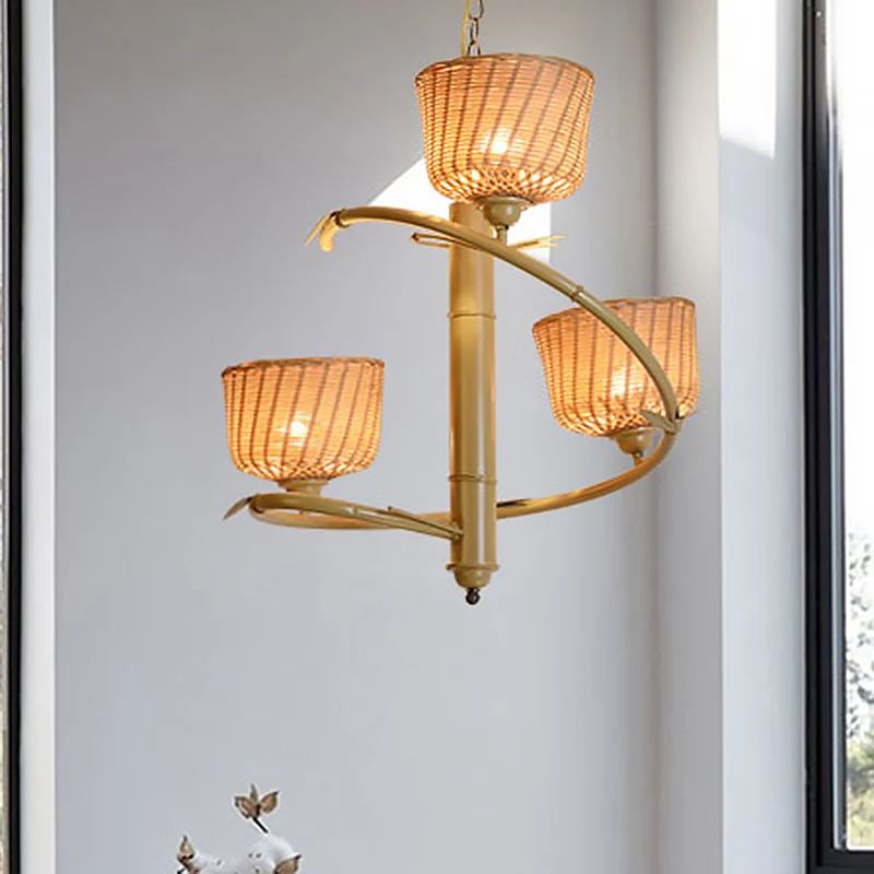 Spiralförmiger hängender Bambus-Kronleuchter, asiatisch, 3 Glühbirnen, beige Decken-Pendelleuchte mit Schüssel-Rattan-Schi...