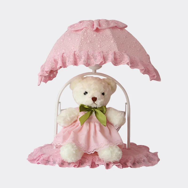 Stoffbär Nachttischlampe Kinder 1 Hellrosa Nachttischbeleuchtung mit Spitzenbesatz für das Kinderzimmer Clearhalo