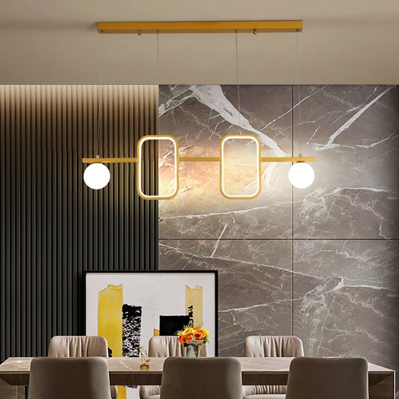 Symmetrische geometrische LED-Hängeleuchte, minimalistische Esszimmer-Deckenleuchte aus Metall mit cremefarbenem Glasschir...
