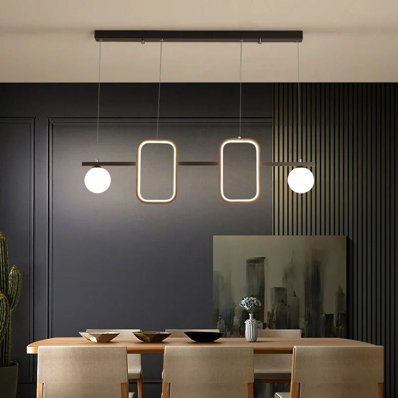 Symmetrische geometrische LED-Hängeleuchte, minimalistische Esszimmer-Deckenleuchte aus Metall mit cremefarbenem Glasschir...