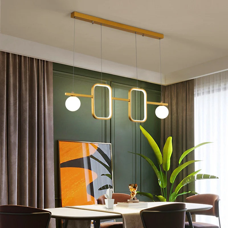 Symmetrische geometrische LED-Hängeleuchte, minimalistische Esszimmer-Deckenleuchte aus Metall mit cremefarbenem Glasschir...