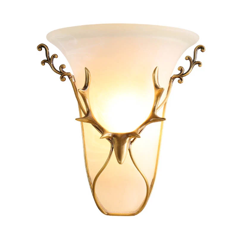 Traditionelle Trompeten-Wandleuchte aus Milchglas, 1-Kopf-Wandleuchte aus Messing mit Elch Clearhalo