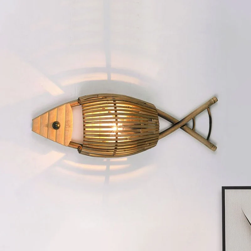 Tropische Fisch-Design-Wandleuchte aus Bambus, 1-flammig, für Esszimmer, Wandleuchte aus Holz Clearhalo