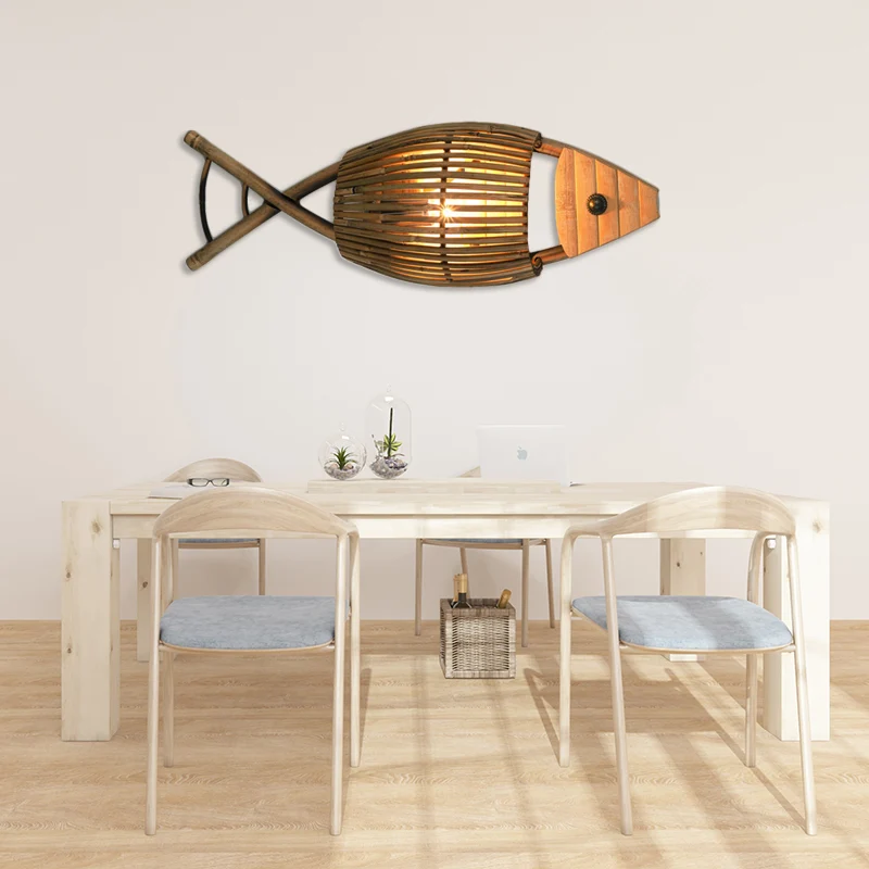 Tropische Fisch-Design-Wandleuchte aus Bambus, 1-flammig, für Esszimmer, Wandleuchte aus Holz Clearhalo