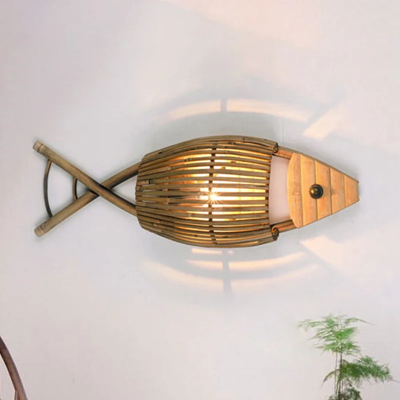 Tropische Fisch-Design-Wandleuchte aus Bambus, 1-flammig, für Esszimmer, Wandleuchte aus Holz Clearhalo