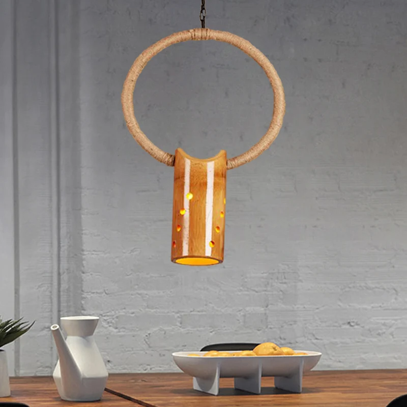 Tube Bistro Hängeleuchte, rustikale Bambus-Deckenpendelleuchte mit Ring Beige Clearhalo