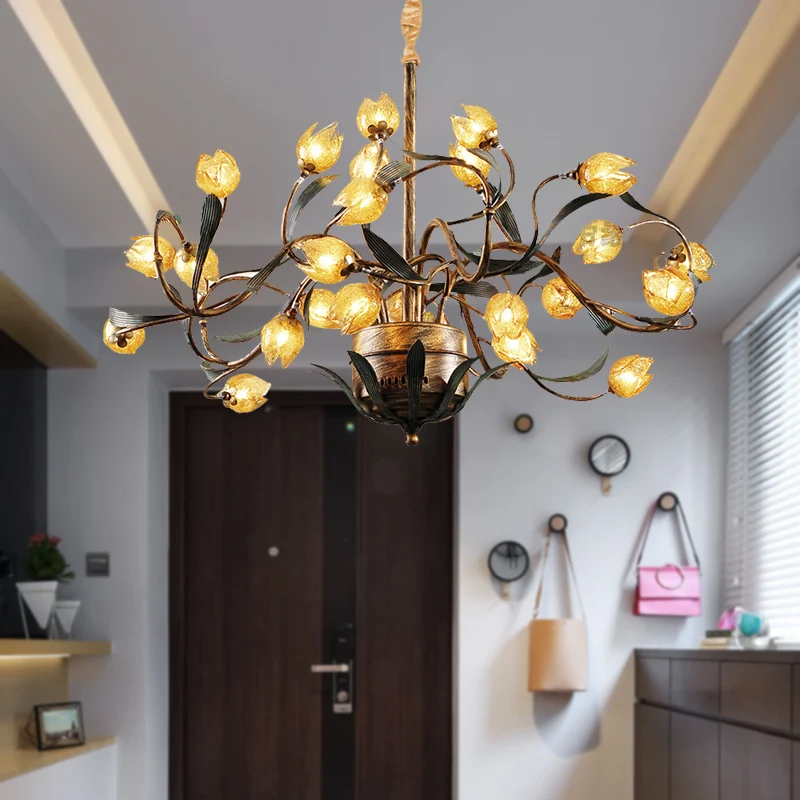 Tulpen-Kronleuchter aus Metall, pastoral, 25 Glühbirnen, Wohnzimmer-LED-Hängeleuchte aus Messing Clearhalo