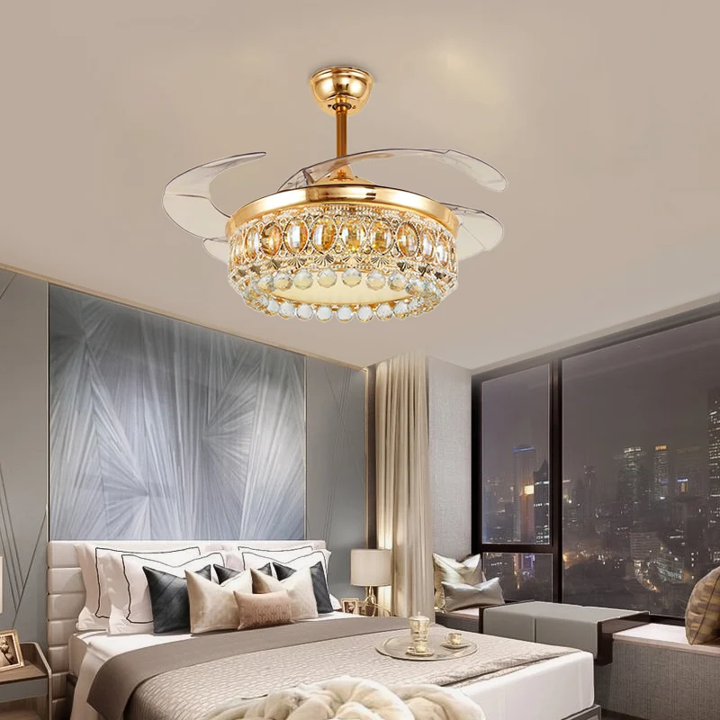 Vintage Crown LED-Deckenventilator, klare Kristallkugel, LED-Wohnzimmer-Halbbündigleuchte Gold Clearhalo