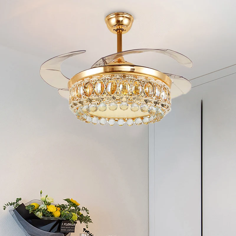 Vintage Crown LED-Deckenventilator, klare Kristallkugel, LED-Wohnzimmer-Halbbündigleuchte Gold Clearhalo