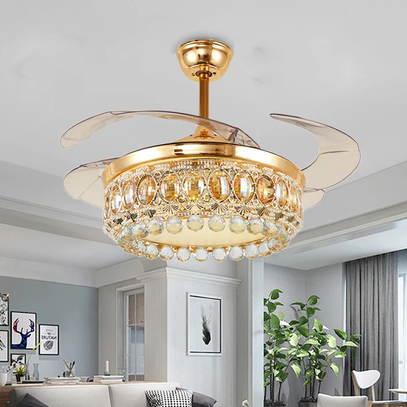 Vintage Crown LED-Deckenventilator, klare Kristallkugel, LED-Wohnzimmer-Halbbündigleuchte Gold Clearhalo