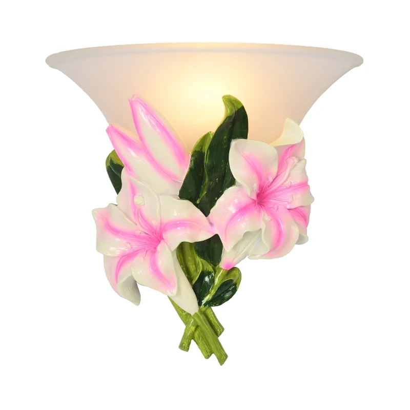 Wandleuchte aus Milchglas, rustikal, 1 Licht, Wandleuchte für Wohnzimmer mit rosa Blumendekoration Clearhalo