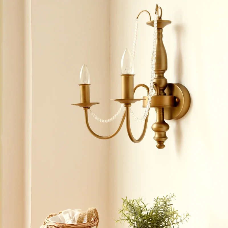 Wandleuchte mit Glocke/Kerze, Messing-Finish, Vintage-Stil, Metall, 2 Glühbirnen, Wandleuchte mit Kristallperle Clearhalo