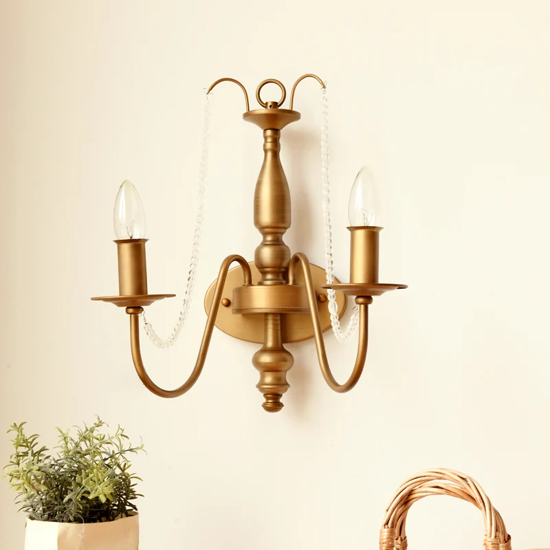 Wandleuchte mit Glocke/Kerze, Messing-Finish, Vintage-Stil, Metall, 2 Glühbirnen, Wandleuchte mit Kristallperle Clearhalo